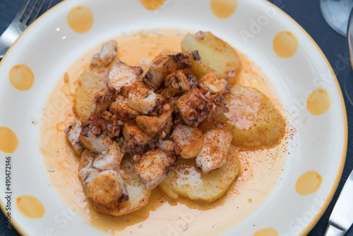 Close up on Pulpo gallego, or Galician-style octopus, which is a popular tapa (appetizer) served all over Spain. No people are visible. photo