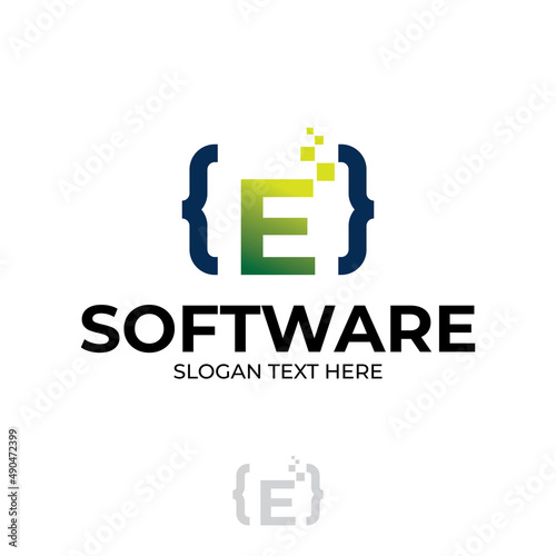 Digital code logo with letter E design, coding illustration with pixel illustration design concepts