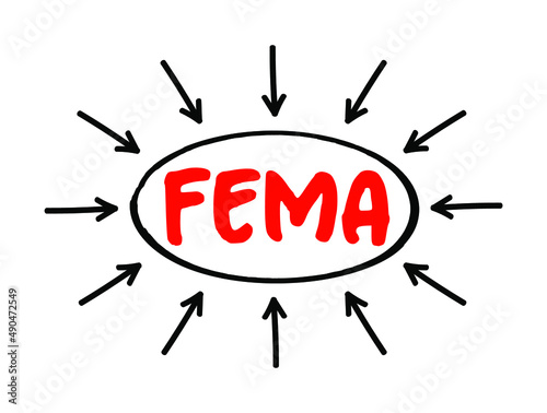 FEMA Federal Emergency Management Agency - agency of the United States Department of Homeland Security, acronym text with arrows