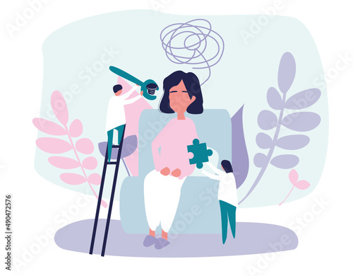 Flat psychologist therapy and psychological counseling.Psychotherapy session. Mental health. Psychological problems, mental disorders. Psychiatric consultation.World mental health day poster . Cartoon