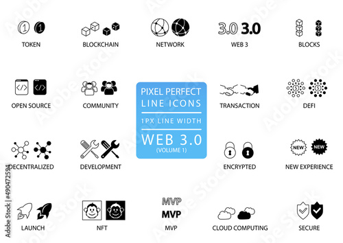 Pixel perfect thin line vector icon set for web3 or Web 3.0 concept. Configurable symbols for technology infographics