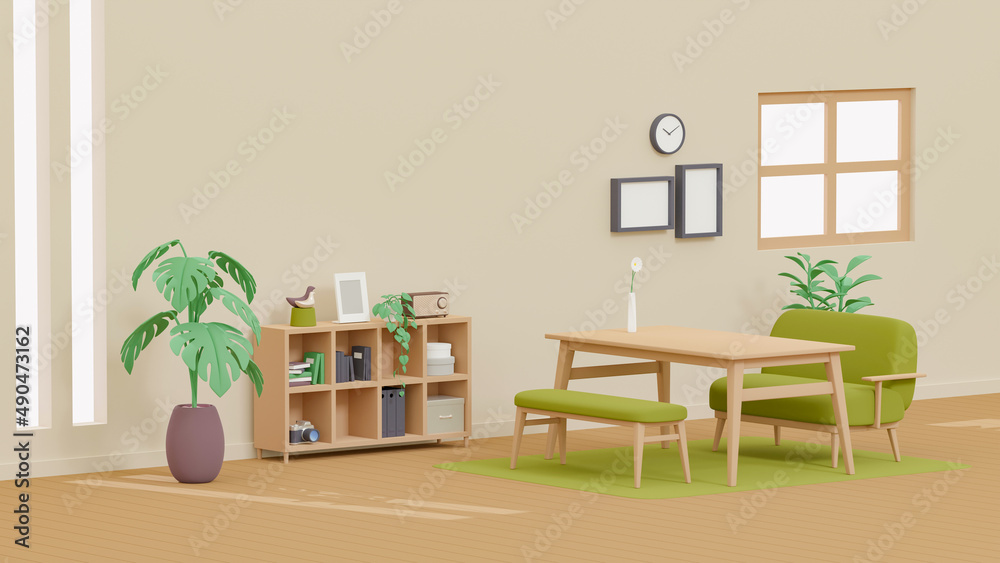 3Dイラストレーションで構成されたリビングルームのイメージ。 3Dイラストレーションで構成されたリビングルームのイメージ。