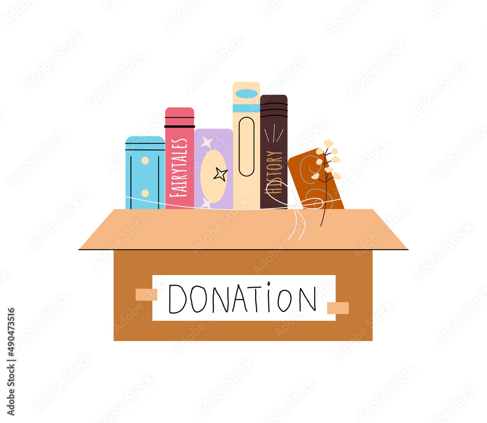 Cardboard box with different books for donations. Pile of standing books bandaged with ribbon with flower. Color flat vector illustration isolated on white background Cardboard box with different books for donations. Pile of standing books bandaged with ribbon with flower. Color flat vector illustration isolated on white background