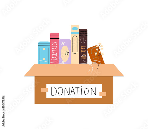 Cardboard box with different books for donations. Pile of standing books bandaged with ribbon with flower. Color flat vector illustration isolated on white background