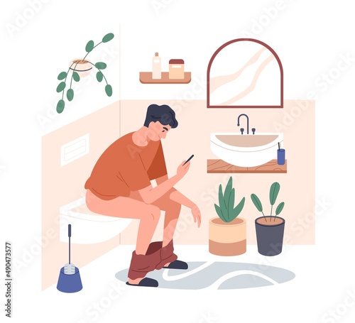 Person sitting in home toilet, using mobile phone. Man with smartphone on lavatory seat with pants down. Young guy with cellphone in restroom. Flat vector illustration isolated on white background