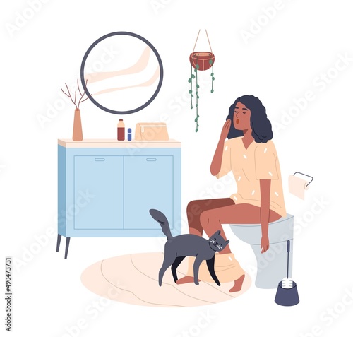 Person sitting in toilet at home in early morning. Yawning woman in lavatory, WC. Female on flush seat with pants down in restroom. Daily routine. Flat vector illustration isolated on white background