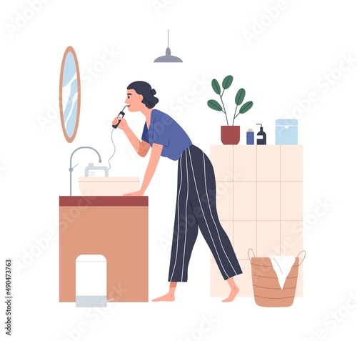 Person cleaning teeth in bathroom. Woman with electric oral irrigator, brush in front of mirror in bath room. Dental hygiene and care routine. Flat vector illustration isolated on white background