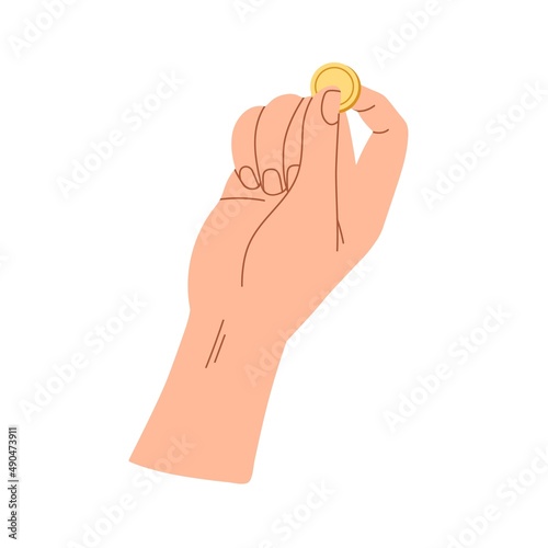 Gold coin squeezed in fingers icon. Hand holding gold cash, money, dollar. Finance help, charity, bonus and donation concept. Financial aid. Flat vector illustration isolated on white background