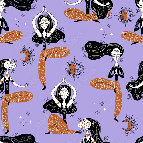 Seamless pattern on the theme of yoga. Girls meditate in different yoga poses. asanas. Vector