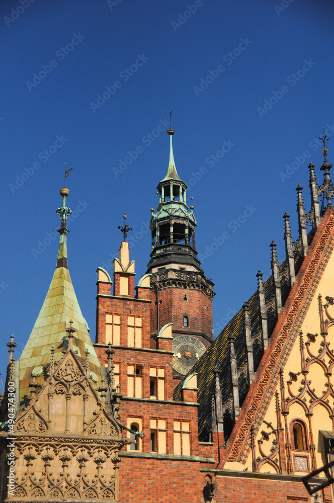 Architectural Details of the Town hall (Stary Ratusz) on Market square in Wroclaw Old Town.