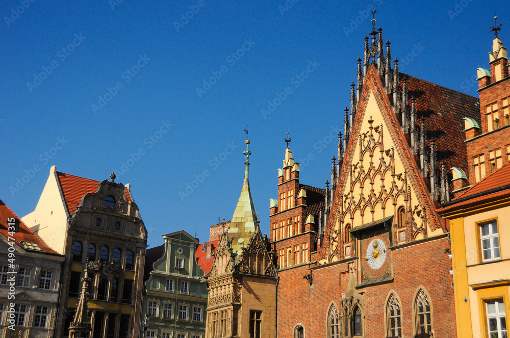Fototapeta premium Architectural Details of the Town hall (Stary Ratusz) on Market square in Wroclaw Old Town.