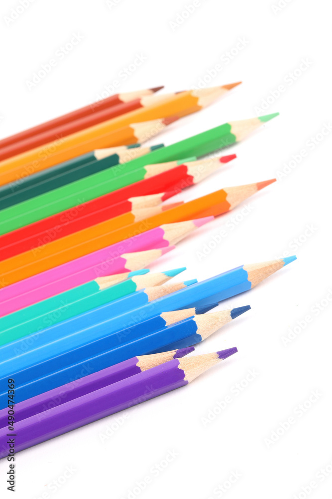 A close-up of colorful crayons isolated on a white background
A close-up of colorful crayons isolated on a white background