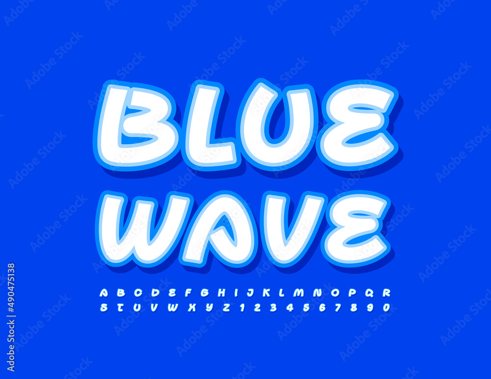 Vector trendy template Blue Wave. Handwritten Alphabet Letters and Numbers set. Stylish Sticker Font