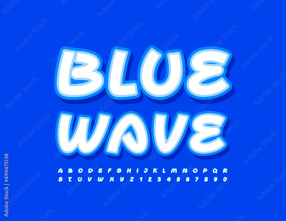 Vector trendy template Blue Wave. Handwritten Alphabet Letters and Numbers set. Stylish Sticker Font Vector trendy template Blue Wave. Handwritten Alphabet Letters and Numbers set. Stylish Sticker Font