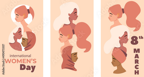 Female diversity International Women’s Day Design Concept. Vector template of female diverse faces of different ethnicity. Union of feminist or sisterhood illustration.