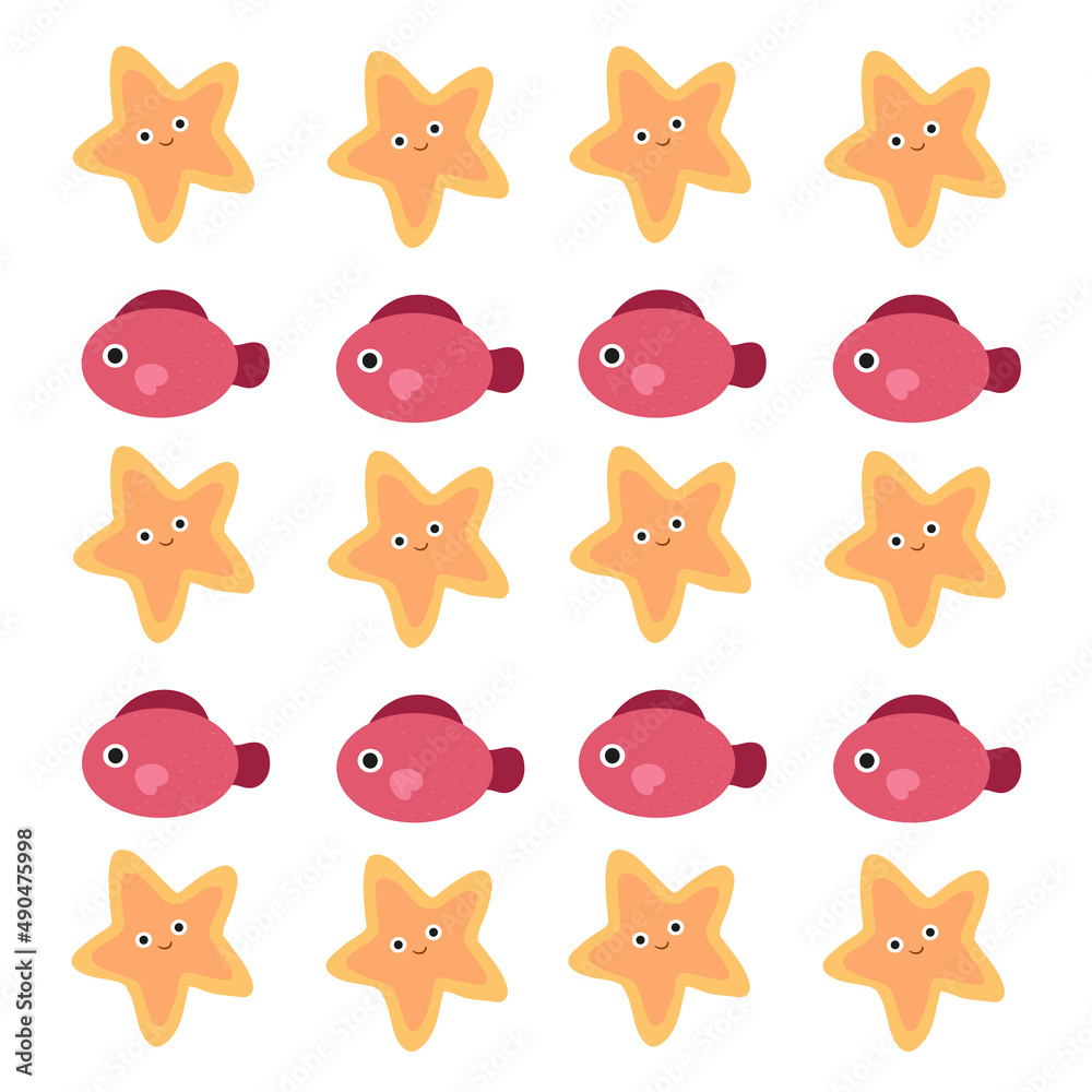 Underwater world with fish, stingrays, dolphins, octopuses and whales. Vector cute illustration of the ocean or sea. A set of marine and ocean underwater animals