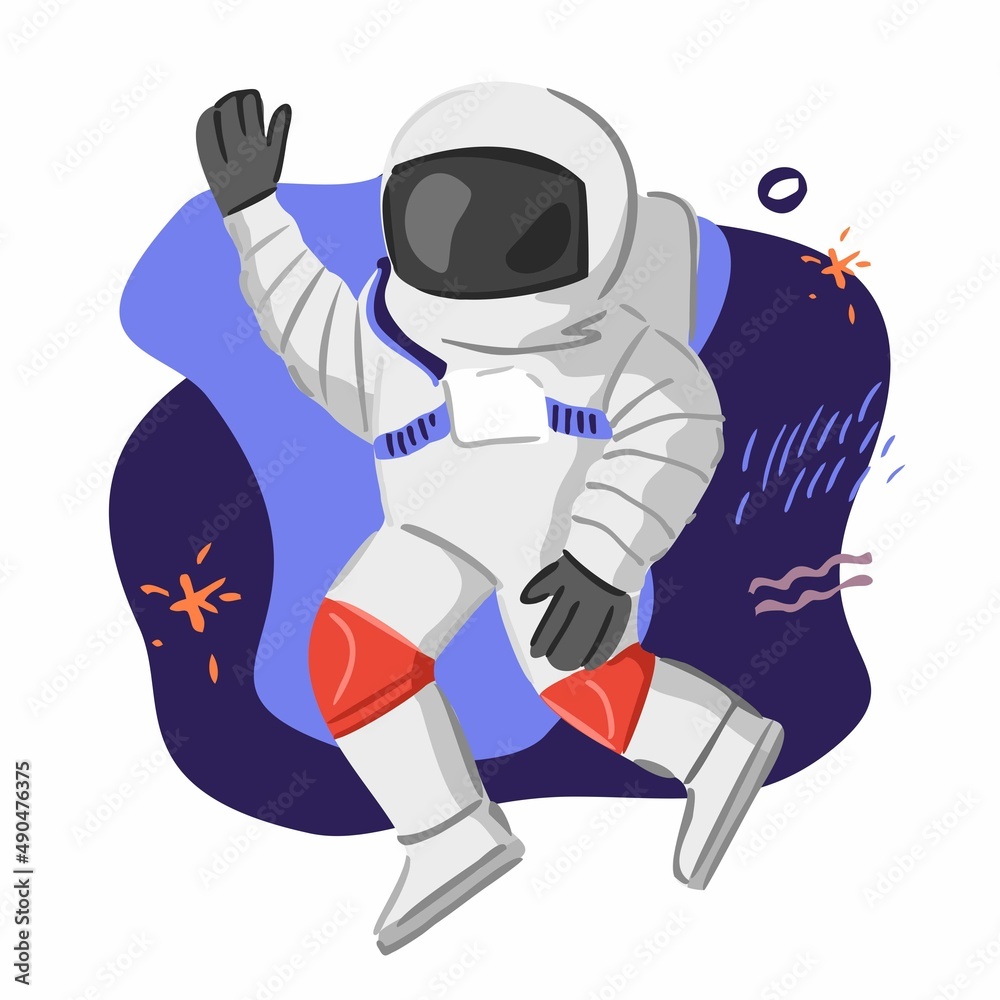 A cheerful astronaut in a suit waves his hand on a blue abstract background with stars. A man studying space. A symbol for a children's book, a children's room decor, a sticker. Vector illustration
