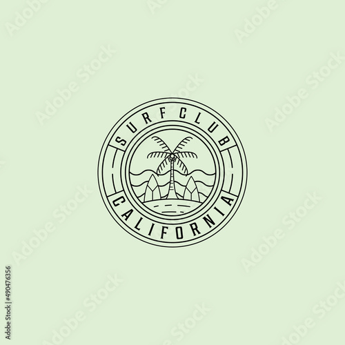 surfing club island line art logo vector illustration design. minimalist paradise island outline symbol