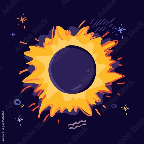 Lunar and solar eclipses are isolated on blue background. Element of space for the decoration of postcards, posters. Abstract Celestial object. A bright shining star. Cartoon cute vector illustration.