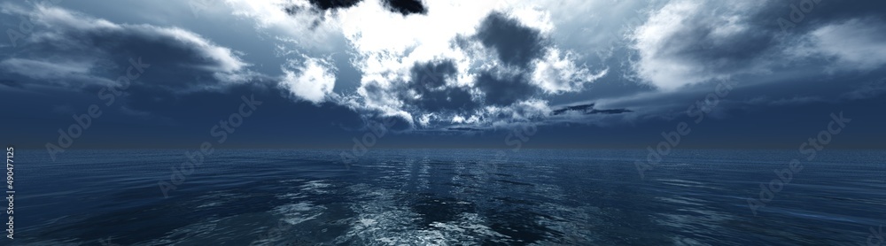 panorama of a storm in the ocean, bad weather at sea, pink clouds over the water. 3d rendering panorama of a storm in the ocean, bad weather at sea, pink clouds over the water. 3d rendering