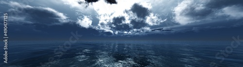 panorama of a storm in the ocean  bad weather at sea  pink clouds over the water. 3d rendering