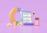 Financial graph economics analytics Calculator and stack coins with Checkmark on clipboard paper. information business document correct mark on purple background. 3d render illustration