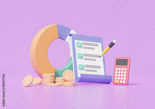 Financial graph economics analytics Calculator and stack coins with Checkmark on clipboard paper. information business document correct mark on purple background. 3d render illustration photo
