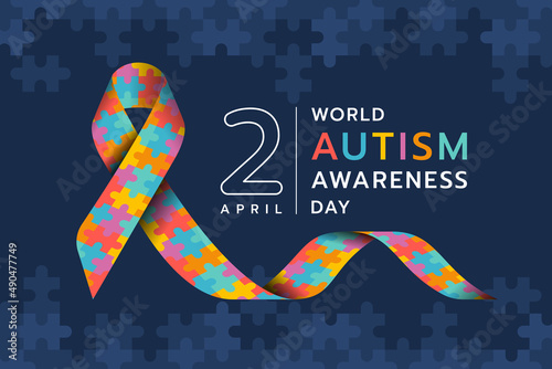 Wolrd Autism Awareness Day - Autism Awareness ribbon sign and text on dark blue puzzle texture background vector design