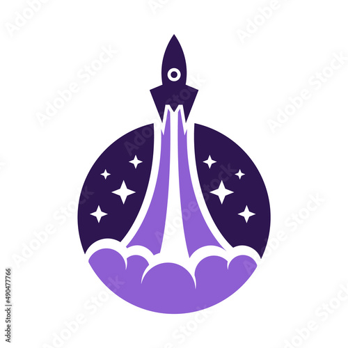 Purple rocket launching into space. Space travel concept. Discovery and exploration idea. Starting new business. Start up. Logo template. Night sky with stars. Vector illustration, flat, clip art.  
