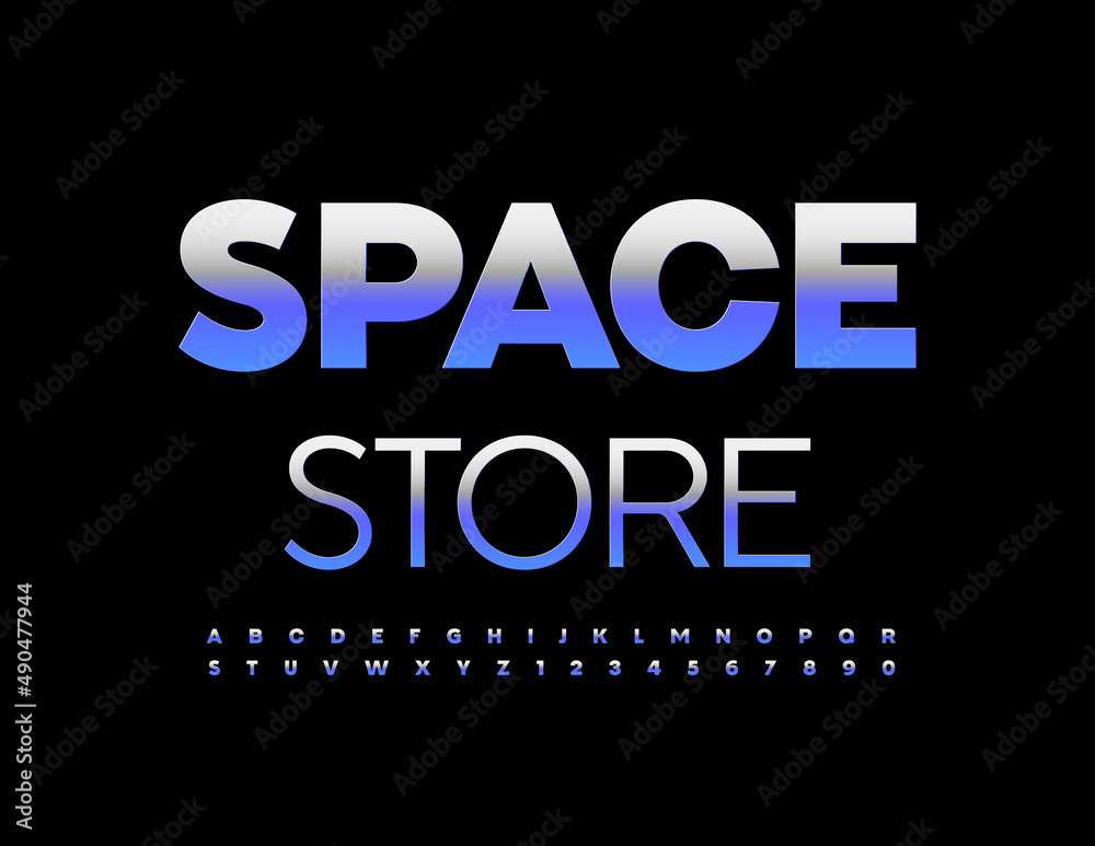 Vector metallic banner Space Store. Gradient silver Font. Chrome glossy Alphabet Letters and Numbers set