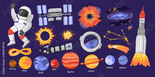 Set of space symbols isolated on blue background for invitations, posters, postcards. Astronomical collection with astronaut, spaceship, rocket, constellations, satellite, planets. Vector illustration