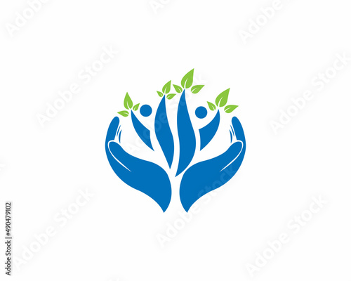 People, Hand and Leaf Healthy Logo Template. Abstract family icon.