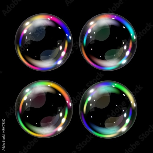 Set of vector realistic illustrations of soap bubbles on a transparent background