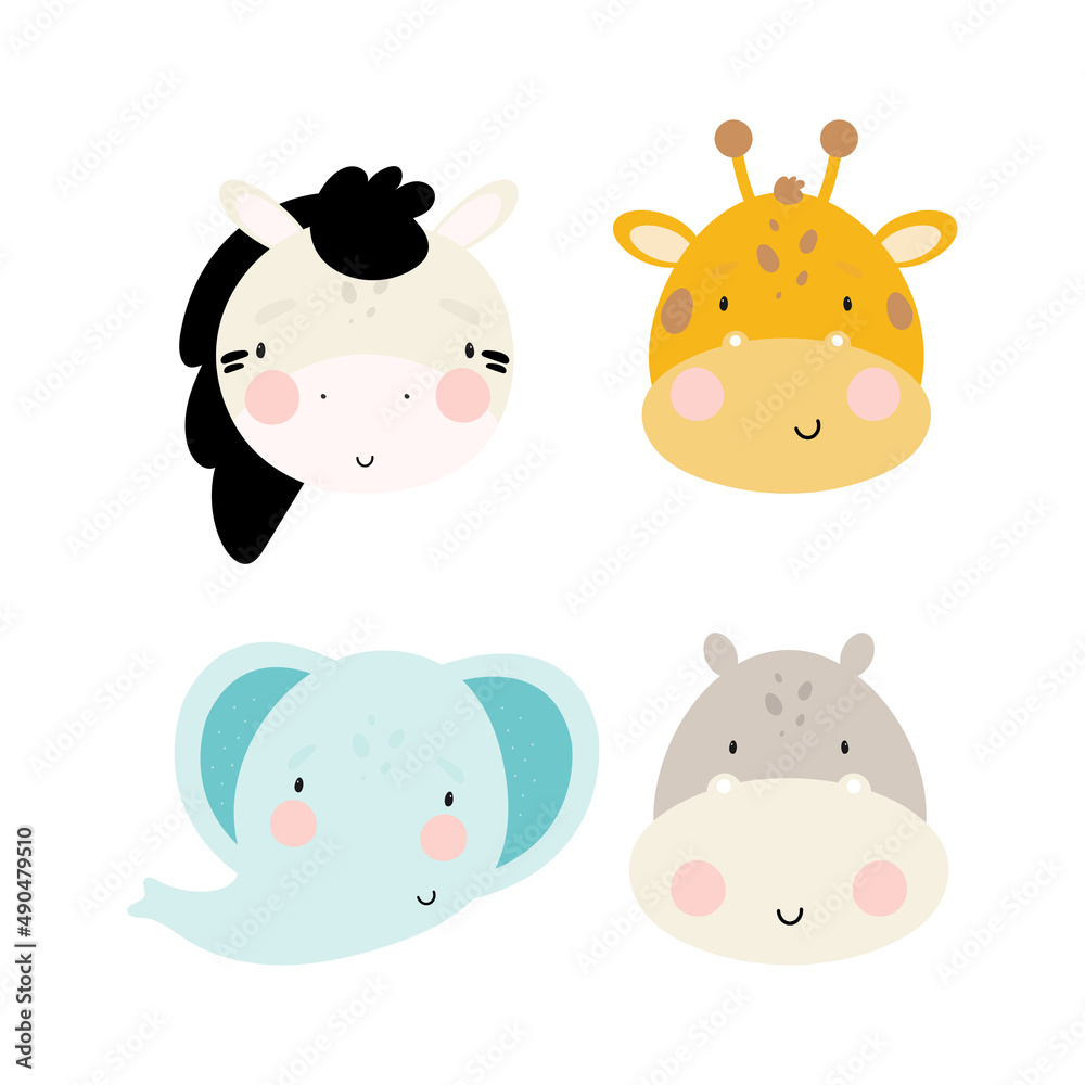 Obraz premium Vector set with African Animals in cartoon style. Zebra, Giraffe, Elephant, Hippo. Good for party invitations, birthday cards, stickers, prints etc. 