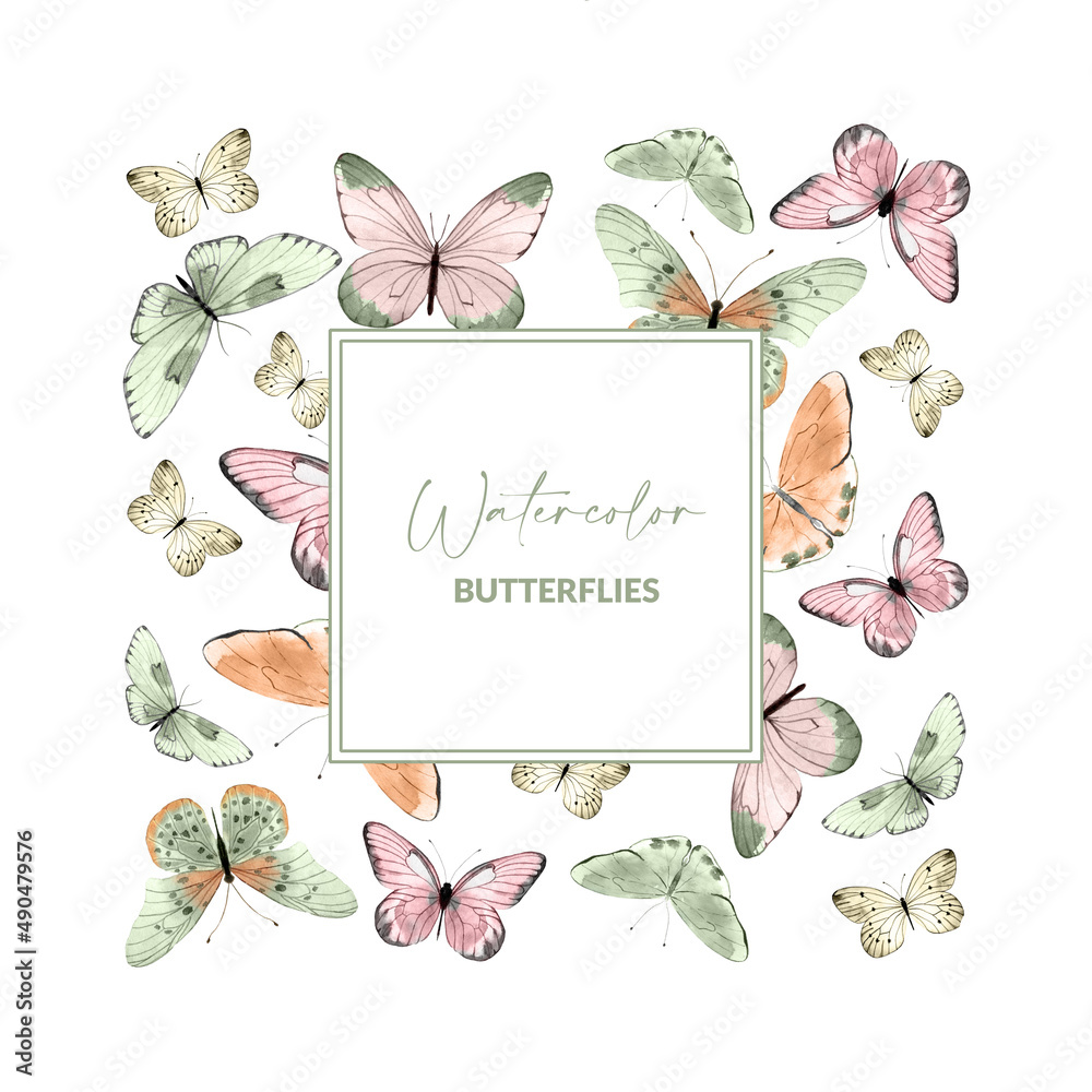 Frame with watercolor illustrated butterflies Frame with watercolor illustrated butterflies