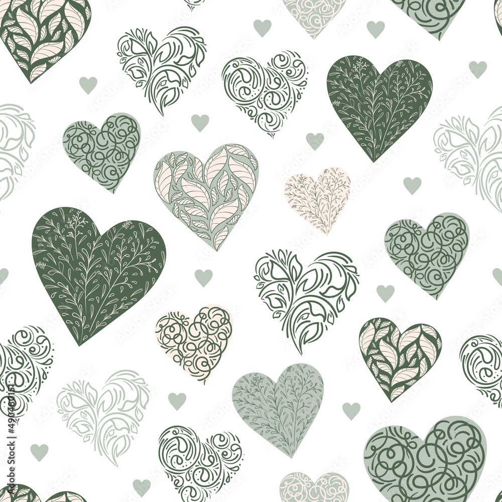 Floral seamless pattern with different heart in graphic style. Heart shape from leaves and abstracts forms. Illustration perfect for design of Valentine's Day and wedding, wrap, fabric, home textile. Floral seamless pattern with different heart in graphic style. Heart shape from leaves and abstracts forms. Illustration perfect for design of Valentine's Day and wedding, wrap, fabric, home textile.