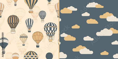 Set of two seamless pattern with different soft shades hot air balloons and clouds. Hand-drawn illustration for wallpaper for kids room, curtains, texture, wrapping paper, textiles, fabric, decoration