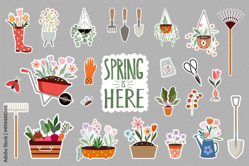 Spring stickers collection with seasonal elements, gardening, tools, plants and flowers  - obrazy, fototapety, plakaty 