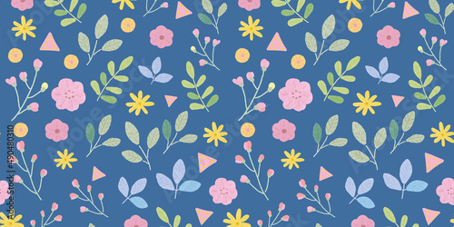 シームレスパターン 紺色のお花 ボタニカル