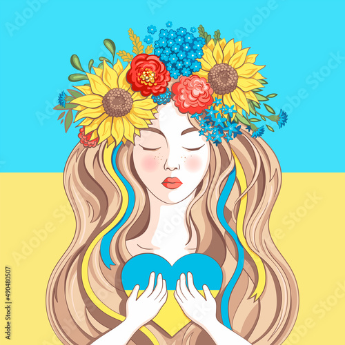 Ukrainian girl in a wreath portrait. Pray for Ukraine illustration