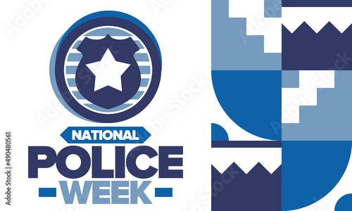 National Police Week. Celebrated annual in May. In honor of the United States police hero. Police badge and star. Officers Memorial Day. American patriotic design. Vector poster, creative illustration