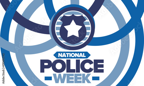 National Police Week. Celebrated annual in May. In honor of the United States police hero. Police badge and star. Officers Memorial Day. American patriotic design. Vector poster, creative illustration