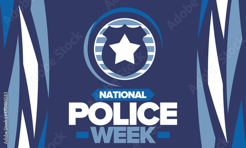 National Police Week. Celebrated annual in May. In honor of the United States police hero. Police badge and star. Officers Memorial Day. American patriotic design. Vector poster, creative illustration