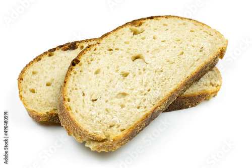 Two sliced slices of round whole-grain bread lie on top of each other on a white isolated background. Healthy lifestyle. The concept of proper nutrition.