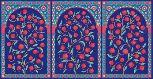 Decorative ornament pomegranate trees. Oriental decor. Curly branches with fruits