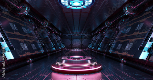 Fototapeta Naklejka Na Ścianę i Meble -  Blue and pink spaceship interior with projector. Futuristic corridor in space station with glowing neon lights background. 3d rendering