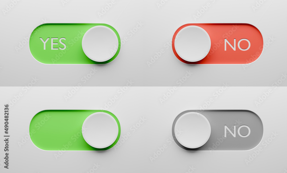 YES and NO toggle switch buttons set. Switch design for app or website. 3d render