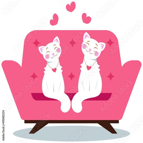 Cute love illustration with white cats on a red armchair - for valentine's day, greeting card. isolated on white background.