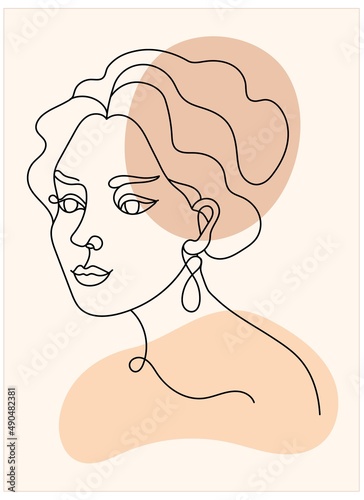 Abstract poster with minimal woman face. One line drawing style. Continuous line art in elegant style for prints, tattoos, posters, textile. Beautiful women face Vector illustration