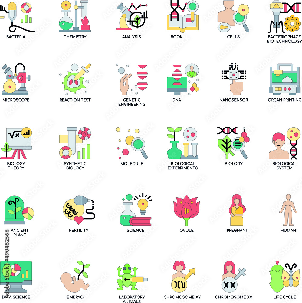 Biology-Technology color flat vector icon collection set